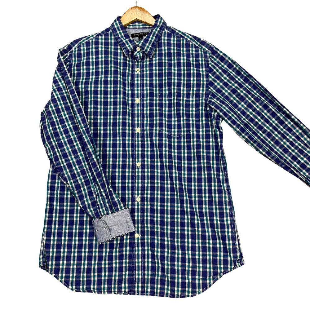 Banana Republic Button Down Shirt Mens Large Purple Plaid Long Sleeve Flip Cuffs